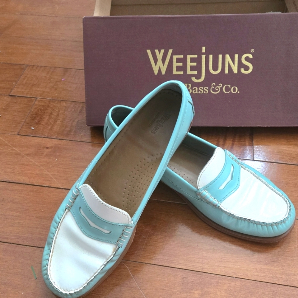 Women's Turquoise and White Bass Weejuns Loafers